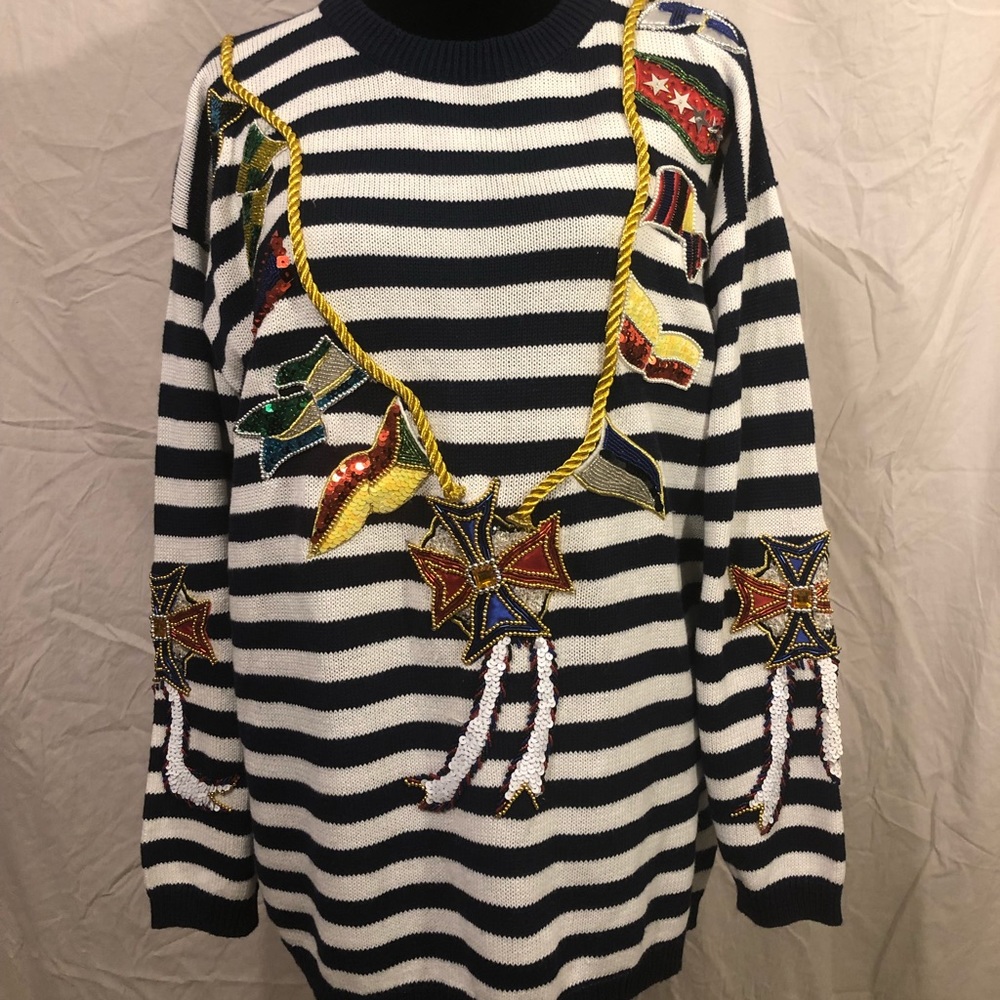 Vintage Striped Nautical Knit Sweater w/ Sequins and Beading